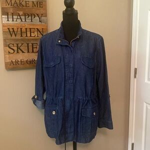Lands End denim jacket, 1X, zip/snap front, sleeve roll, waist tie to cinch, EUC